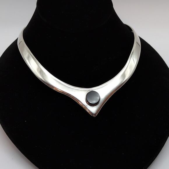 Taxco Jewelry - Vintage Taxco Mexico Sterling Silver 925 Onyx Pointed Collar Necklace 54g